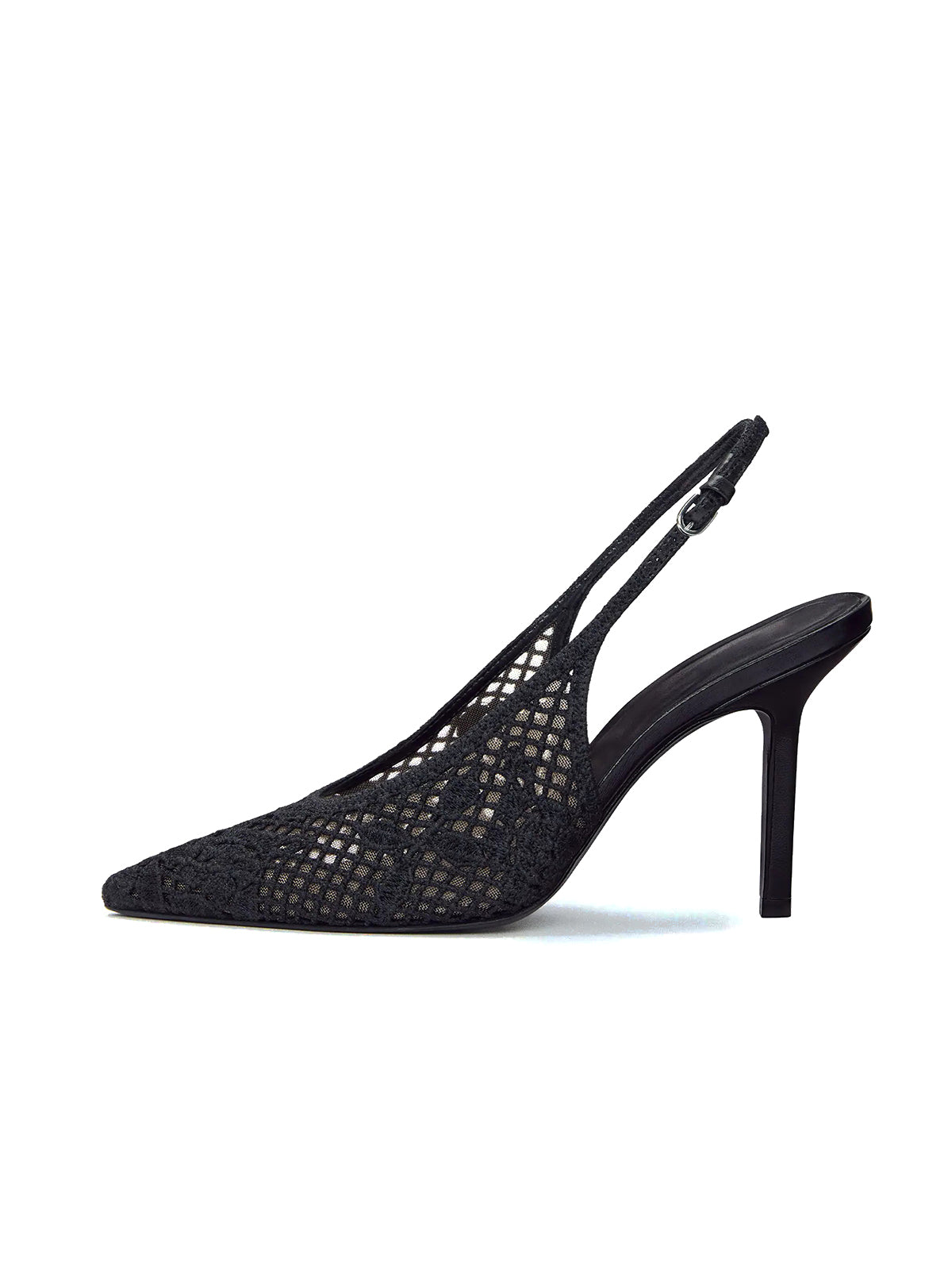 Black Woven And Mesh Pointed-Toe Buckle Back Strap High Heels