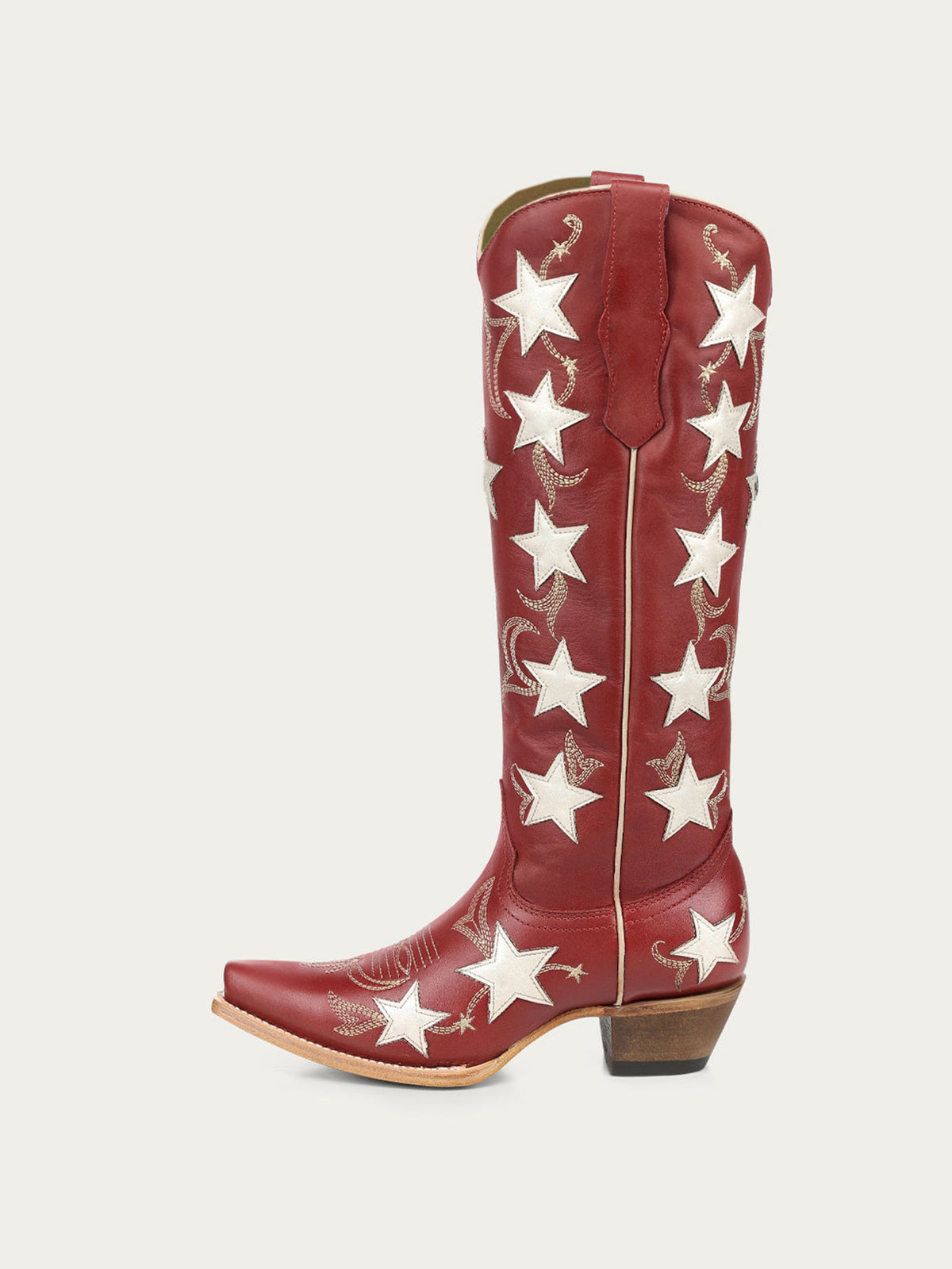 Red Snip-Toe Chic Star Inlay With Embroidery Wide Calf Knee High Cowgirl Boots