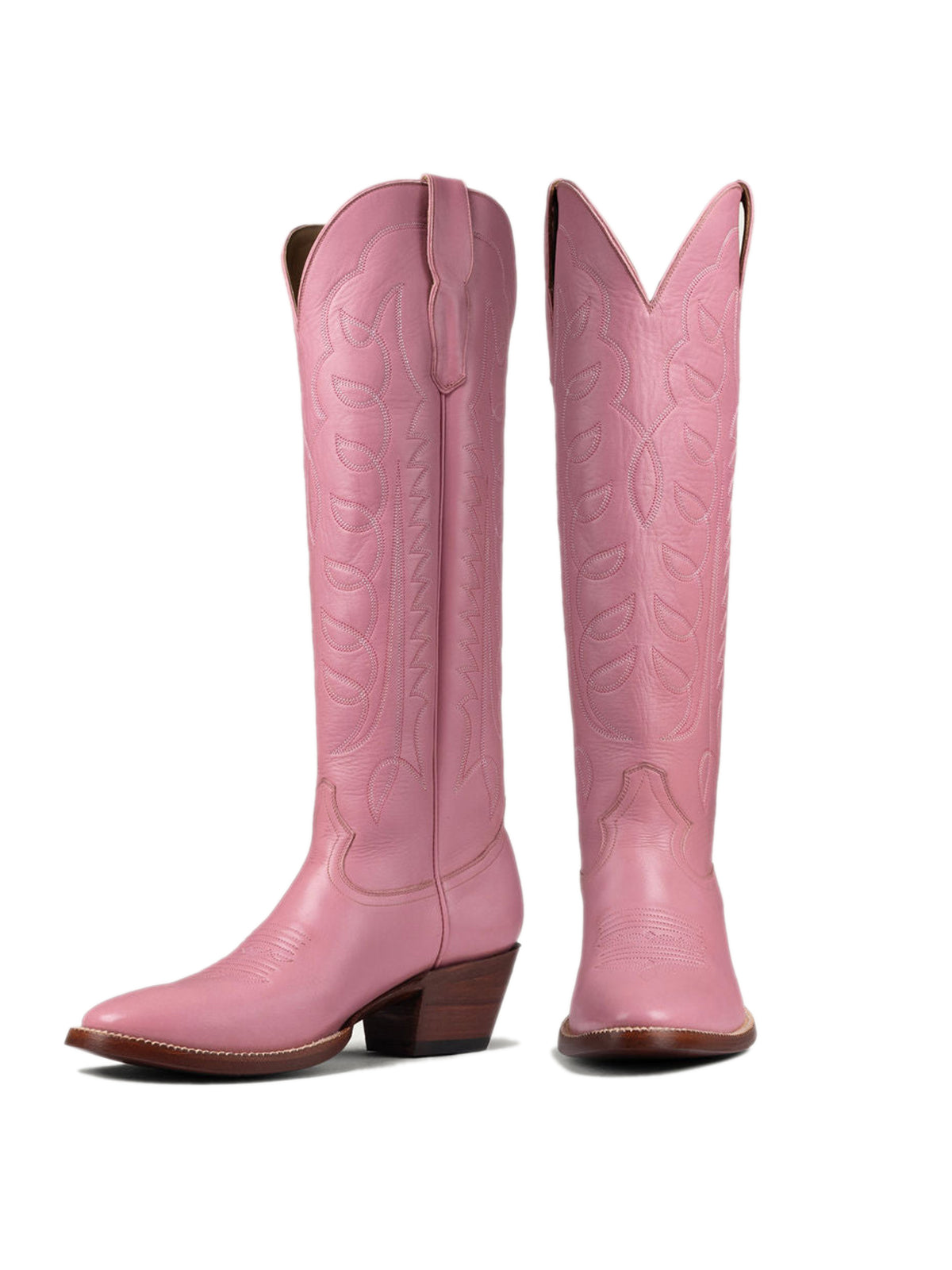 Light Pink Classic Almond-Toe Embroidery Tall Knee High Wide Calf Cowgirl Boots