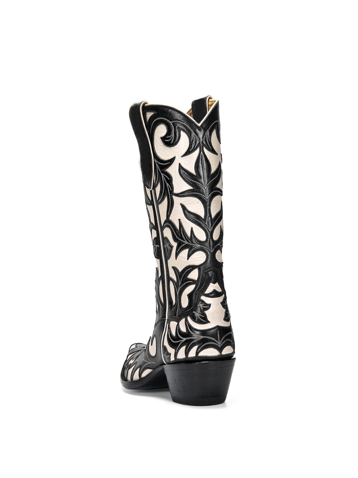 Contrast White And Black Snip-Toe Decorative Inlay Mid Calf Cowgirl Boots