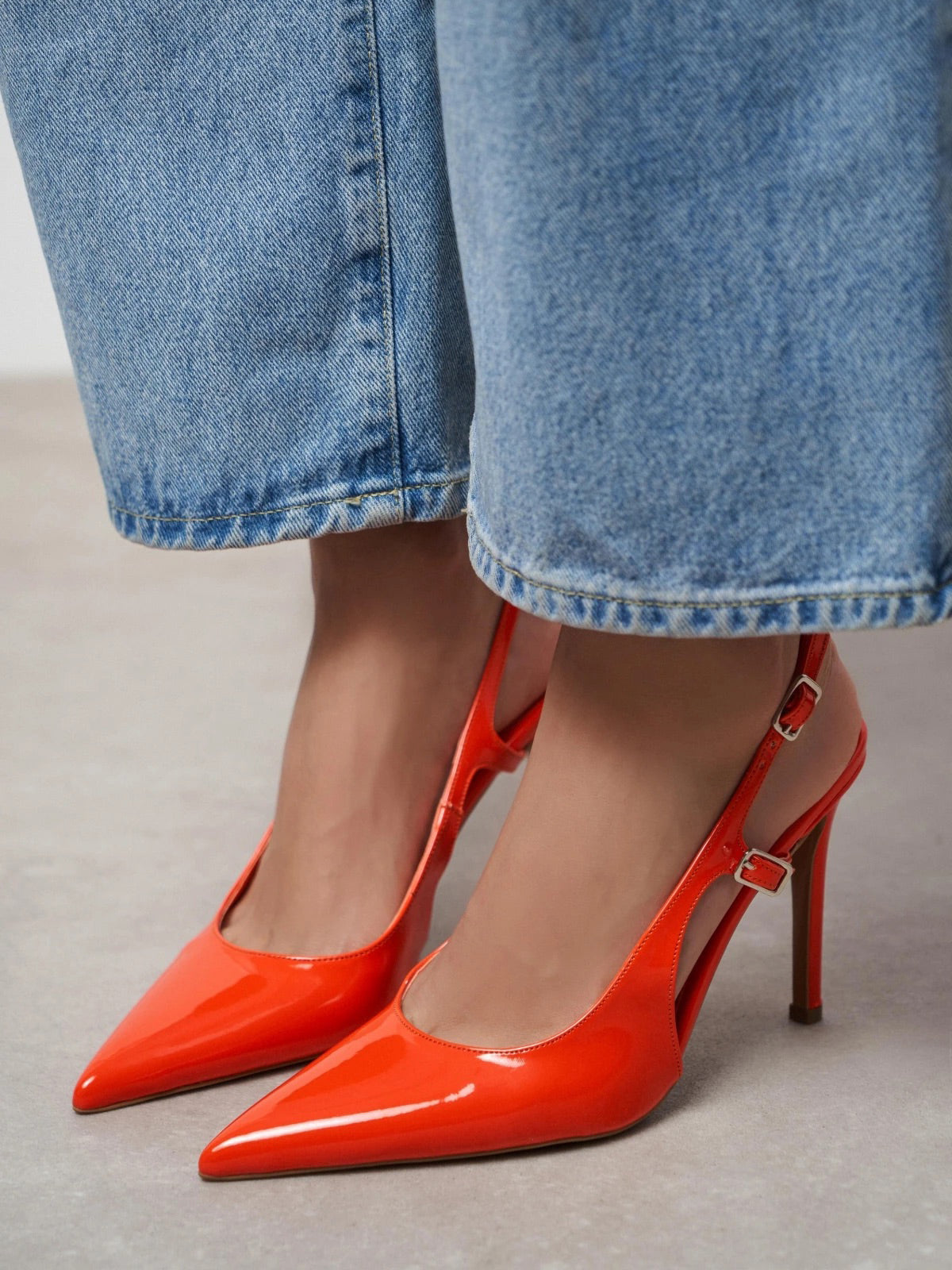 Patent Leather Pointed-Toe Buckle Back Strap Chic High Heels - Orange