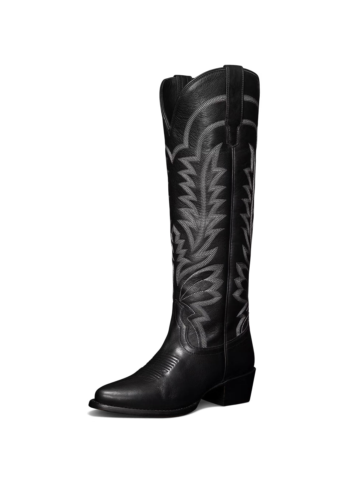 Western Embroidery Almond-Toe Tall Knee High Cowgirl Boots - Black