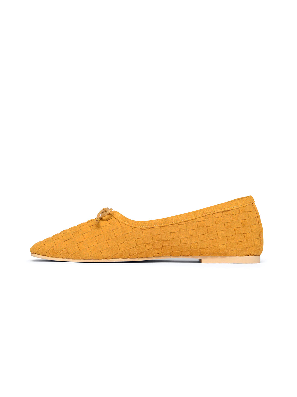 Yellow Woven Faux Suede Square-Toe Front Bow Ballet Flats