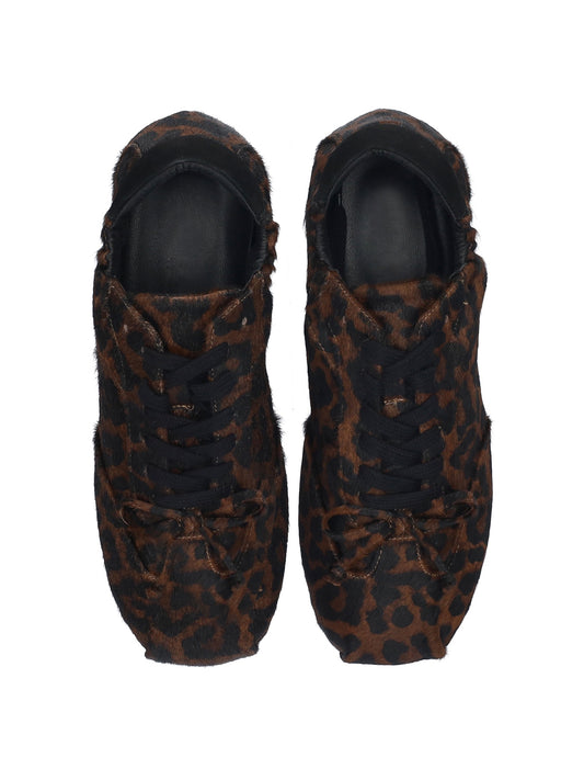 Leopard Print Pony Hair And Cow Suede Square-Toe Lace-Up Sneakers Flats