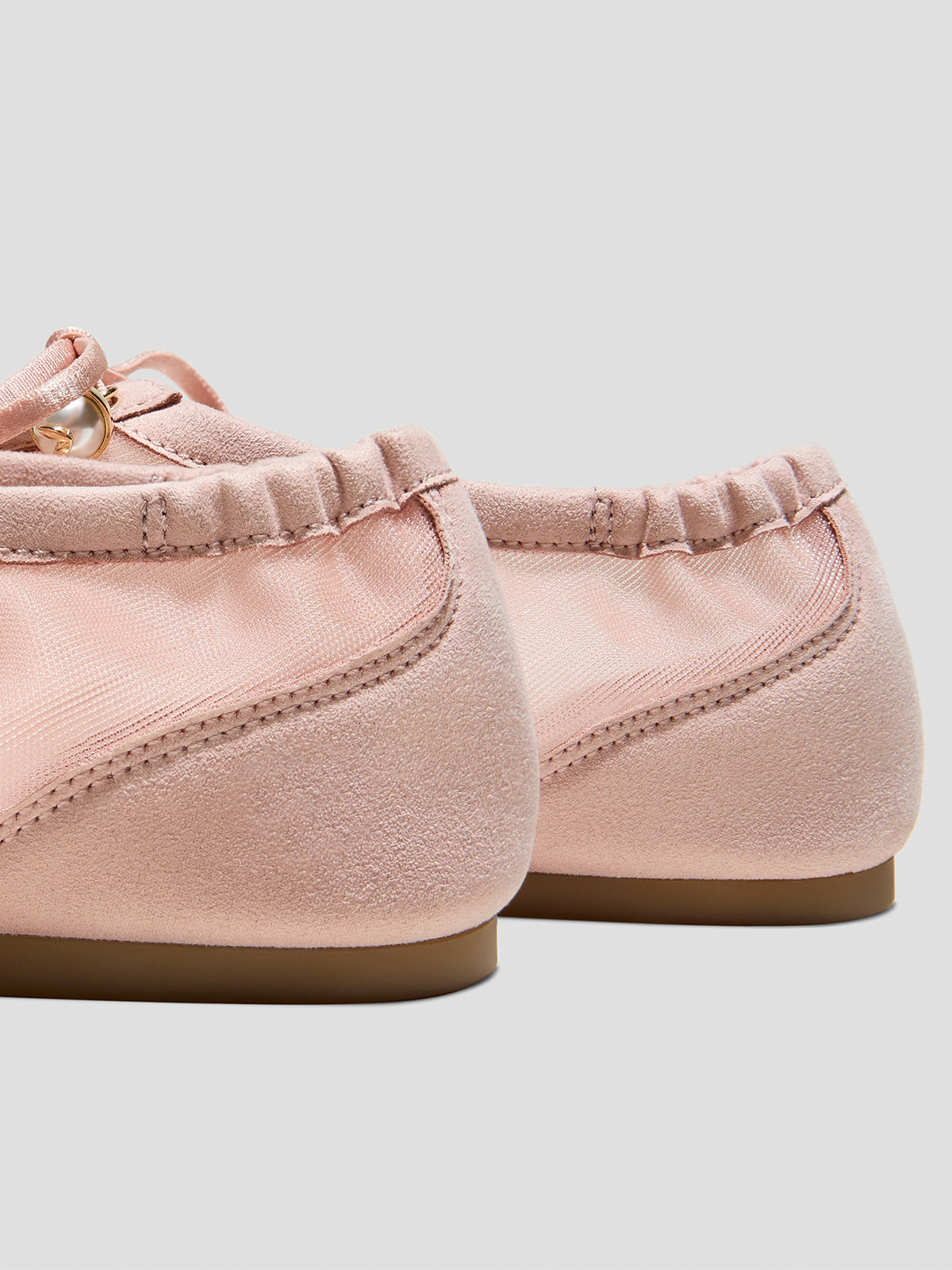 Blush Pink Mesh And Faux Suede Square-Toe Floral Embroidery Bridge Bow Strap Flats