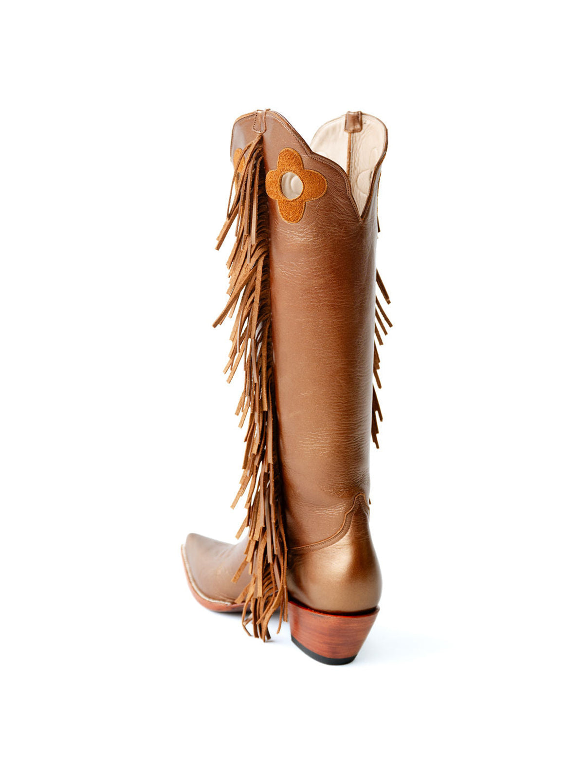 Bronze Pointed-Toe Side Fringes And Cutout Wide Calf Knee High Cowgirl Boots