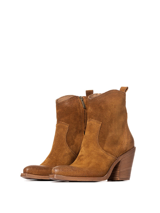 Brown Faux Suede Snip-Toe Side Full-Zip Classic Ankle Cowgirl Boots