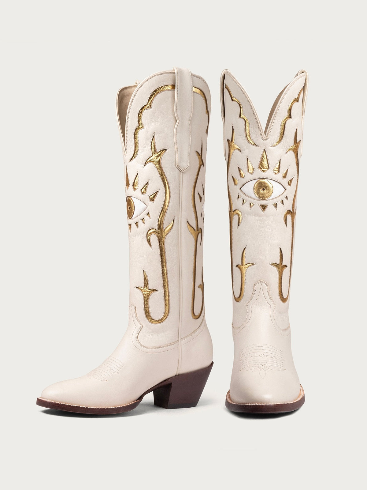 Bone Almond-Toe Gold Evil Eye Inlay Wide Calf Knee High Western Cowgirl Boots