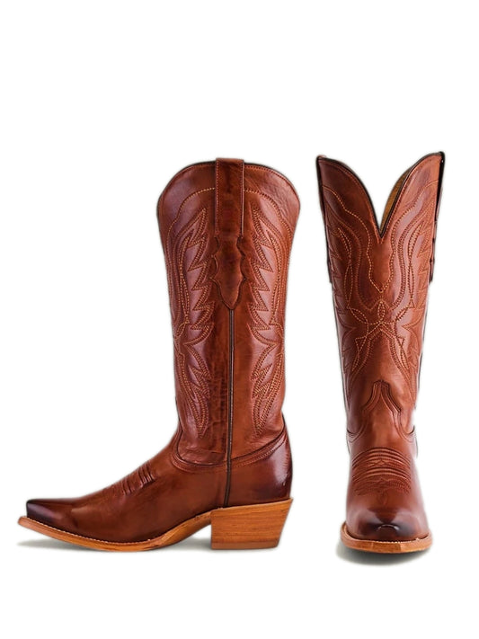Tall Knee High Snip-Toe Embroidery Wide Calf Cowgirl Boots - Cognac