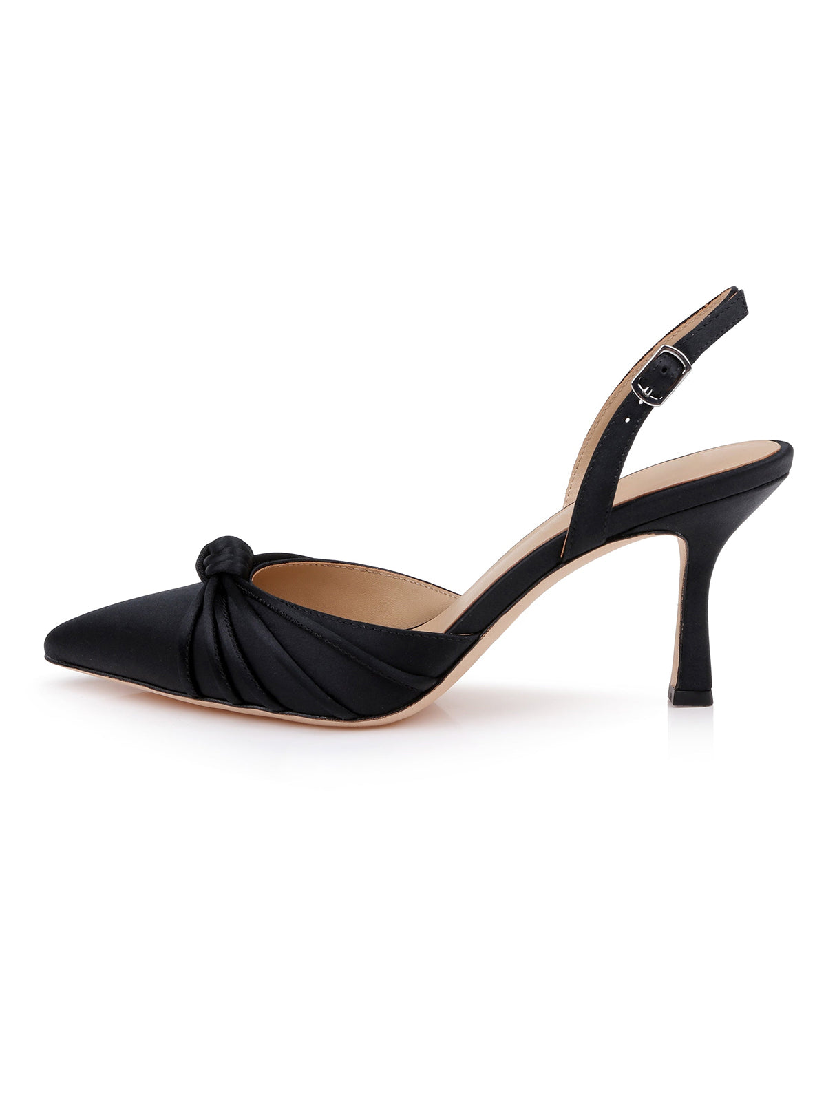 Black Satin Pointed-Toe Front Knot And Slingback High Heels