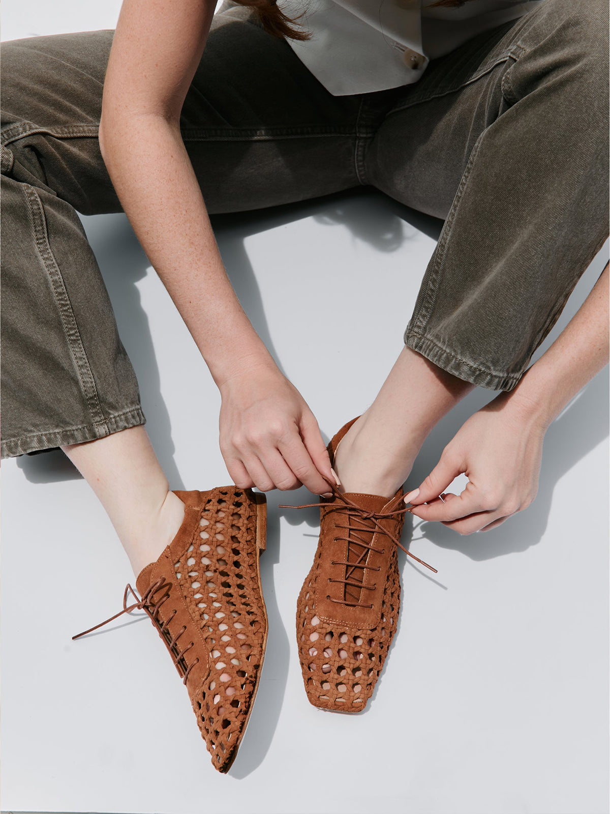 Brown Woven Faux Suede Square-Toe Lace-Up Chic Flats