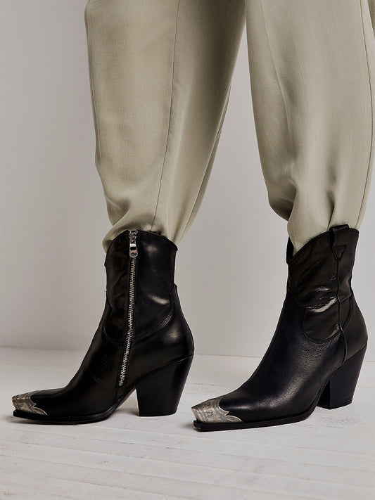 Metal Snip-Toe Full-Zip Classic Cowgirl Ankle Boots - Black