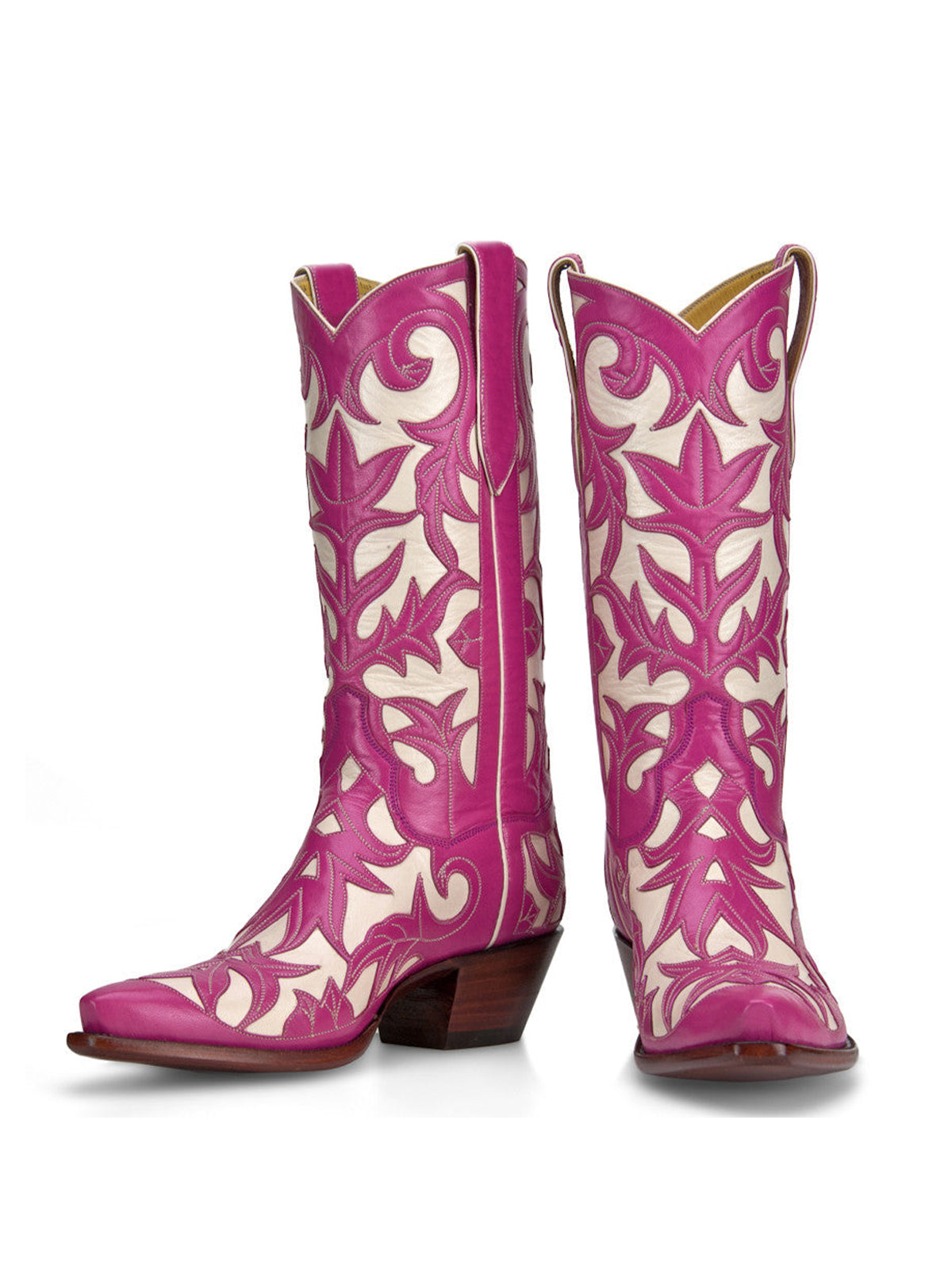Contrast Pink And White Snip-Toe Decorative Inlay Mid Calf Cowgirl Boots