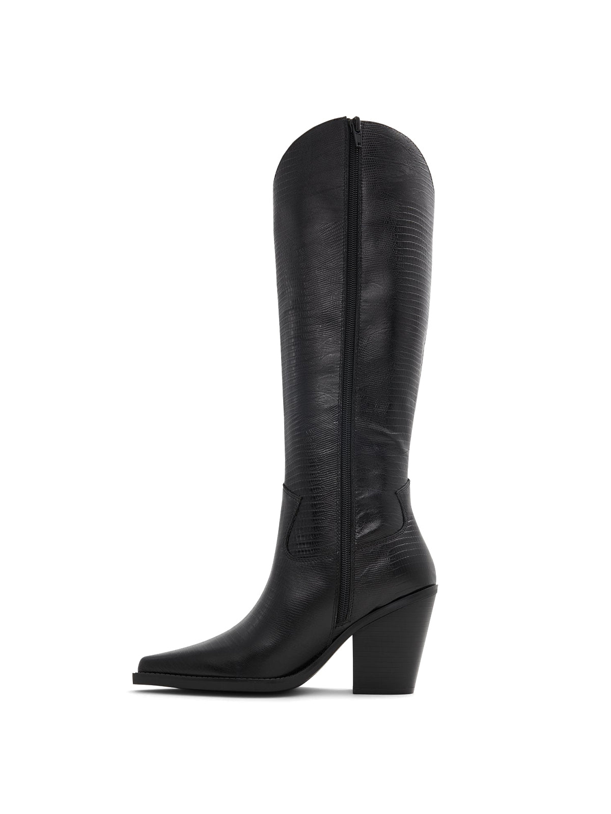 Black Snip-Toe Simple Sleek Full-Zip Knee High Cowgirl Boots