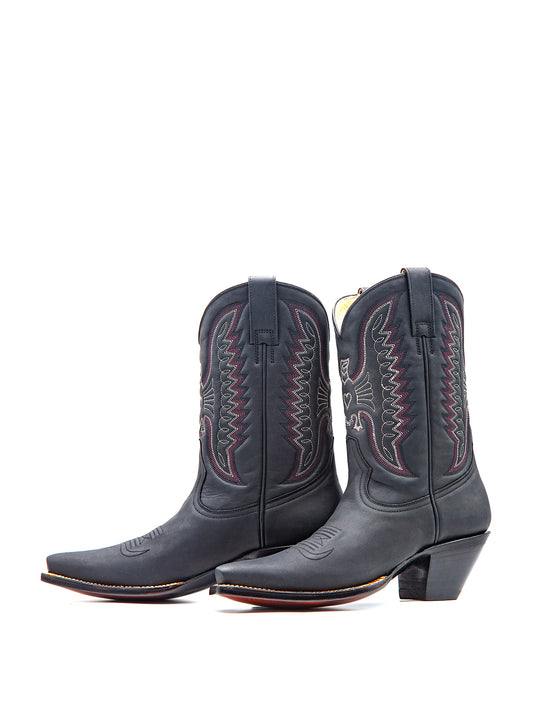 Black Snip-Toe Classic Eagle Embroidery Mid Calf Cowgirl Boots