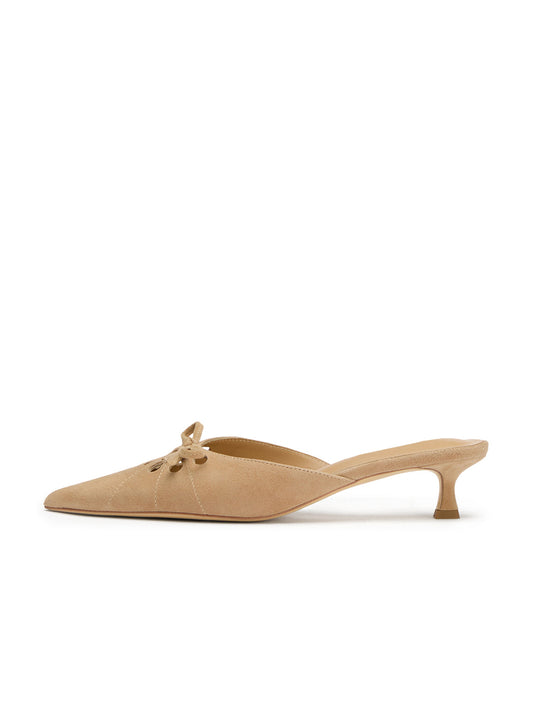 Tan Faux Suede Pointed-Toe Front Cut-Out And Bow Backless Kitten Heels