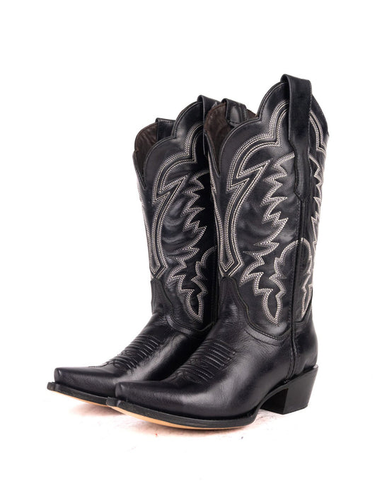 Western Snip-Toe Embroidery Mid Calf Cowgirl Boots - Classic Black
