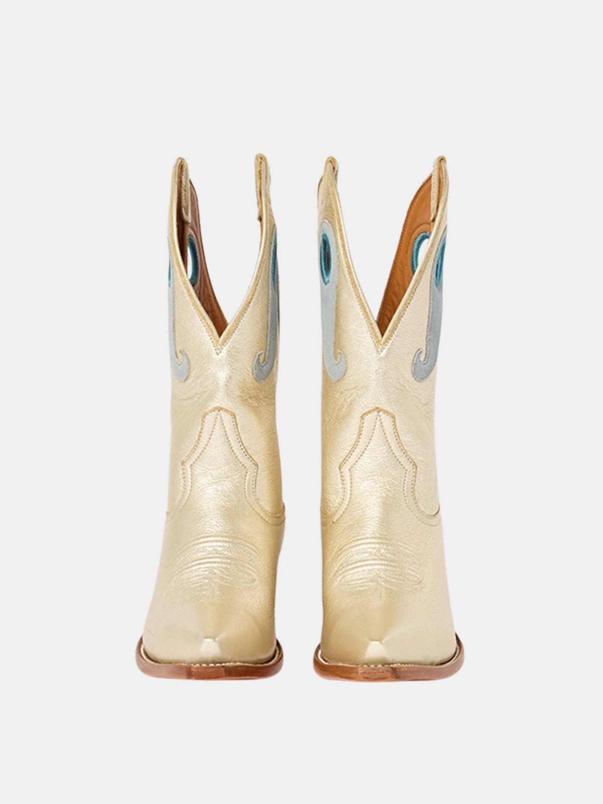 Contrast Metallic Gold And Blue Paisley Cutout Snip-Toe Mid Calf Cowgirl Boots