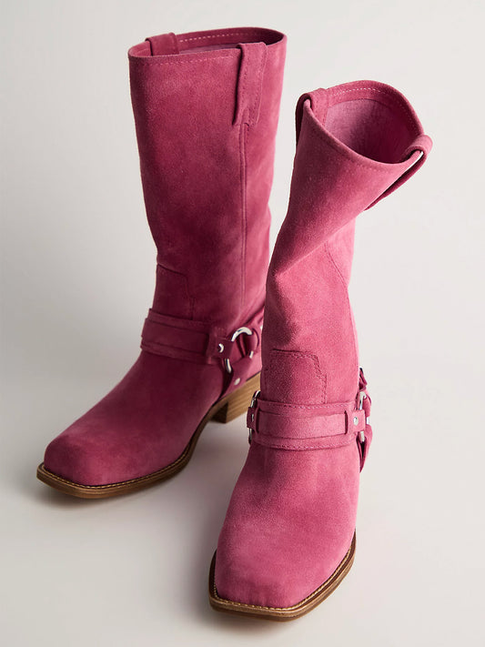 Pink Faux Suede Square-Toe Ankle Buckle Straps Mid Calf Cowgirl Boots