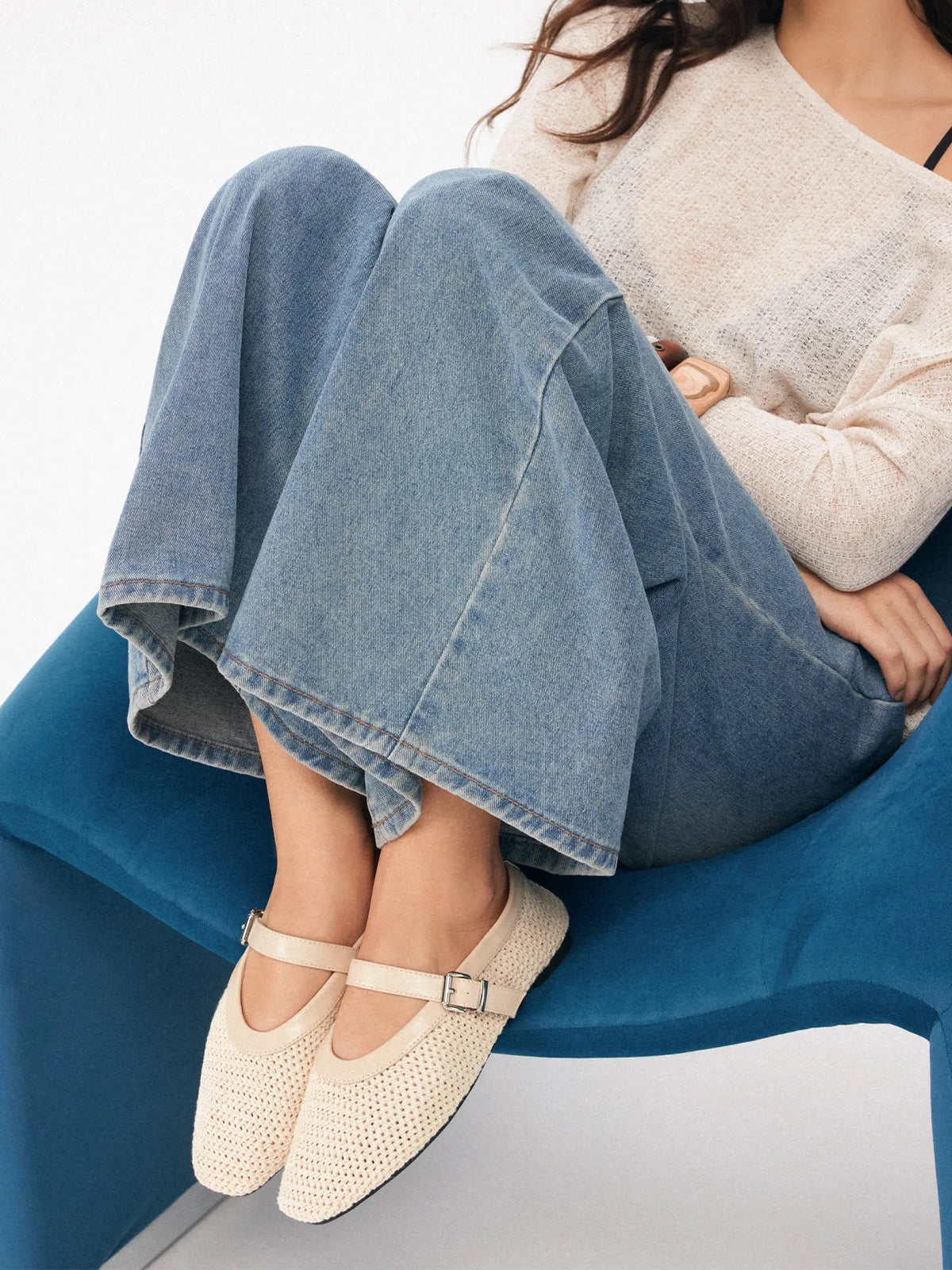 Cream Woven Square-Toe Classic Mary Jane Flats