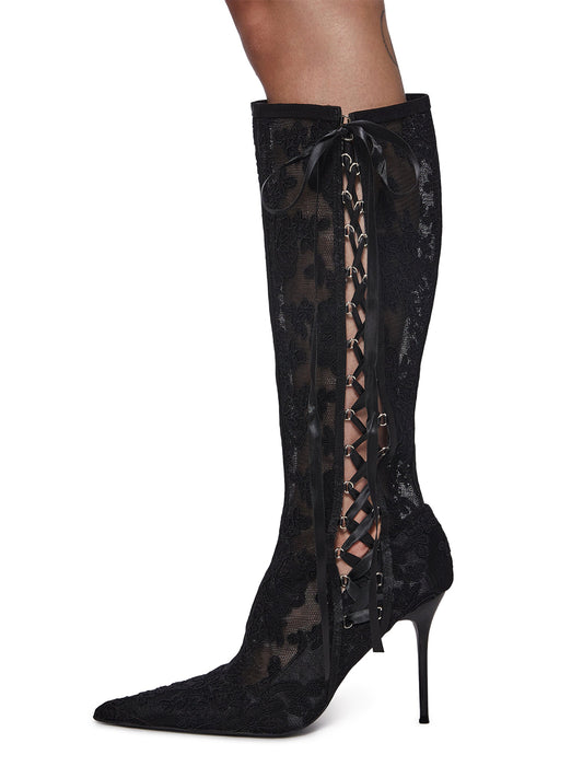 Black Lace Mesh Pointed-Toe Side Satin Lace-Up Full-Zip Knee High Stiletto Boots