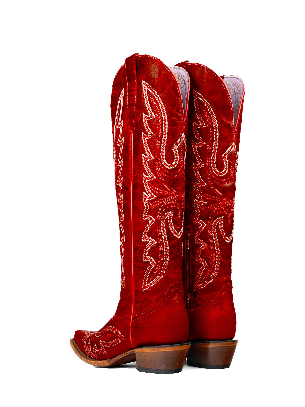 Distressed Red Snip-Toe Embroidery Knee High Tall Half-Zip Cowgirl Boots