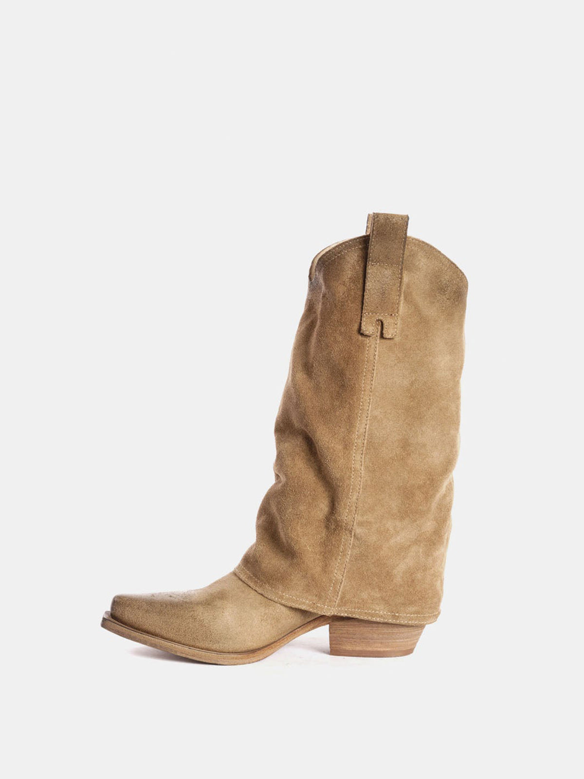 Tan Faux Suede Snip-Toe Mid Calf Fold-Over Cowgirl Boots
