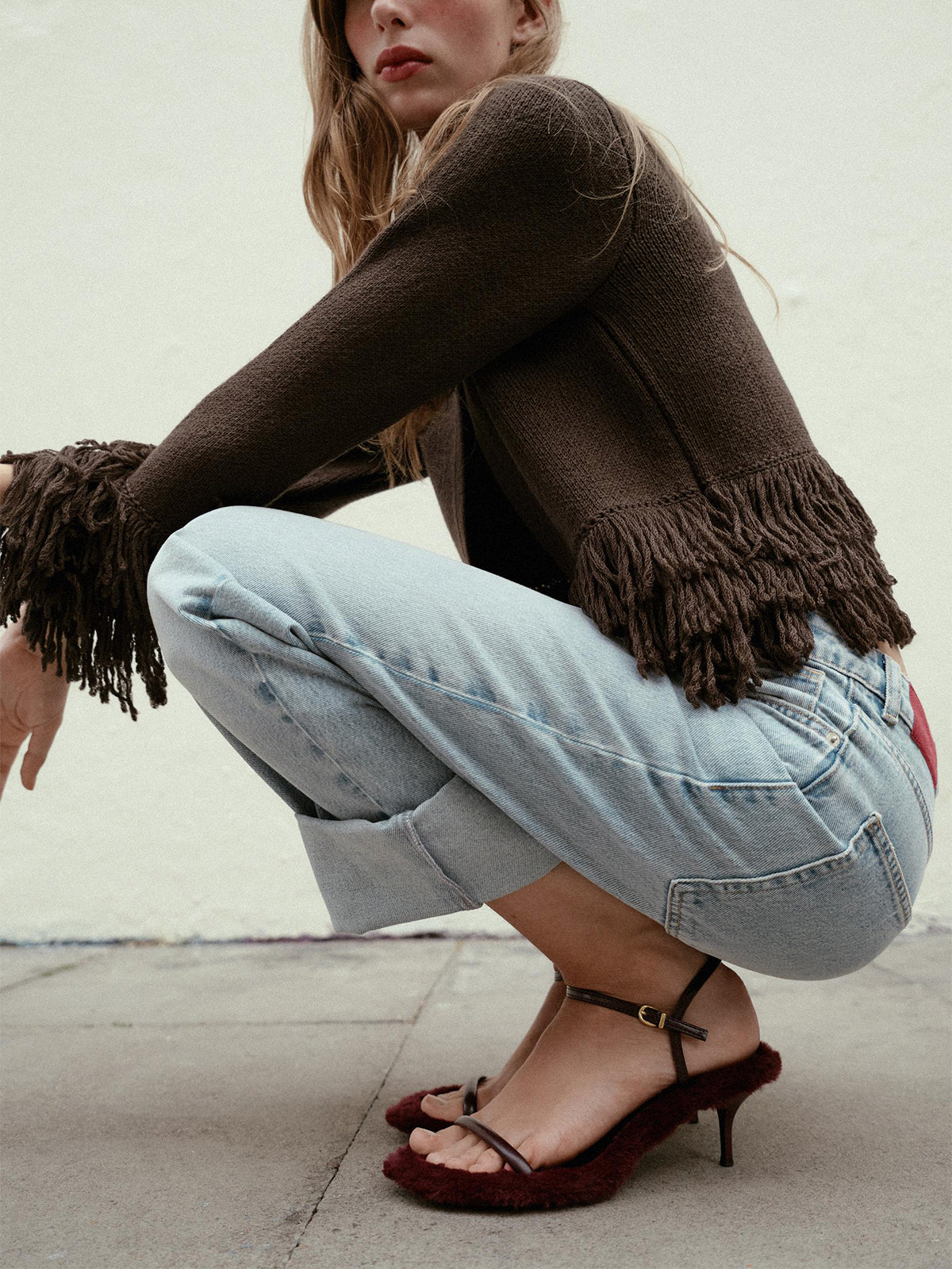 Burgundy Plush Round-Toe Front And Ankle Strap Kitten Heels