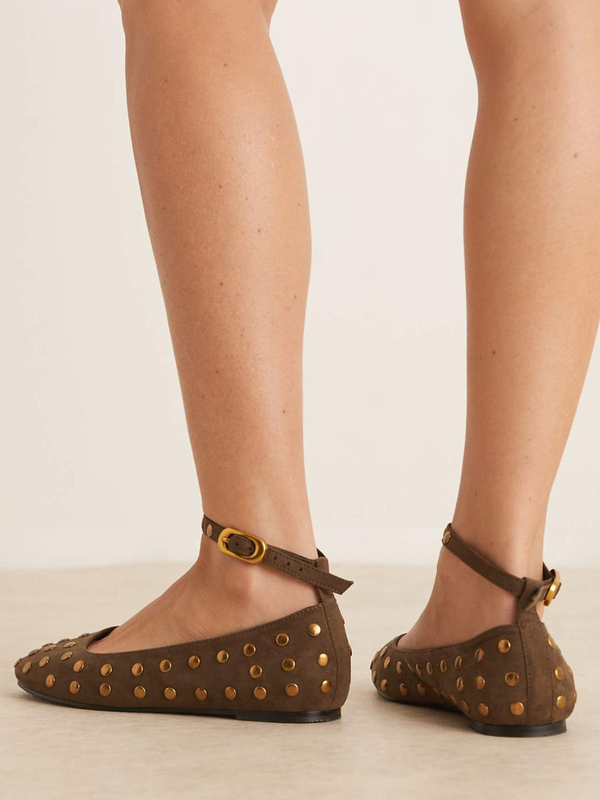 Olive Green Faux Suede Square-Toe Full Studs Ankle Strap Flats