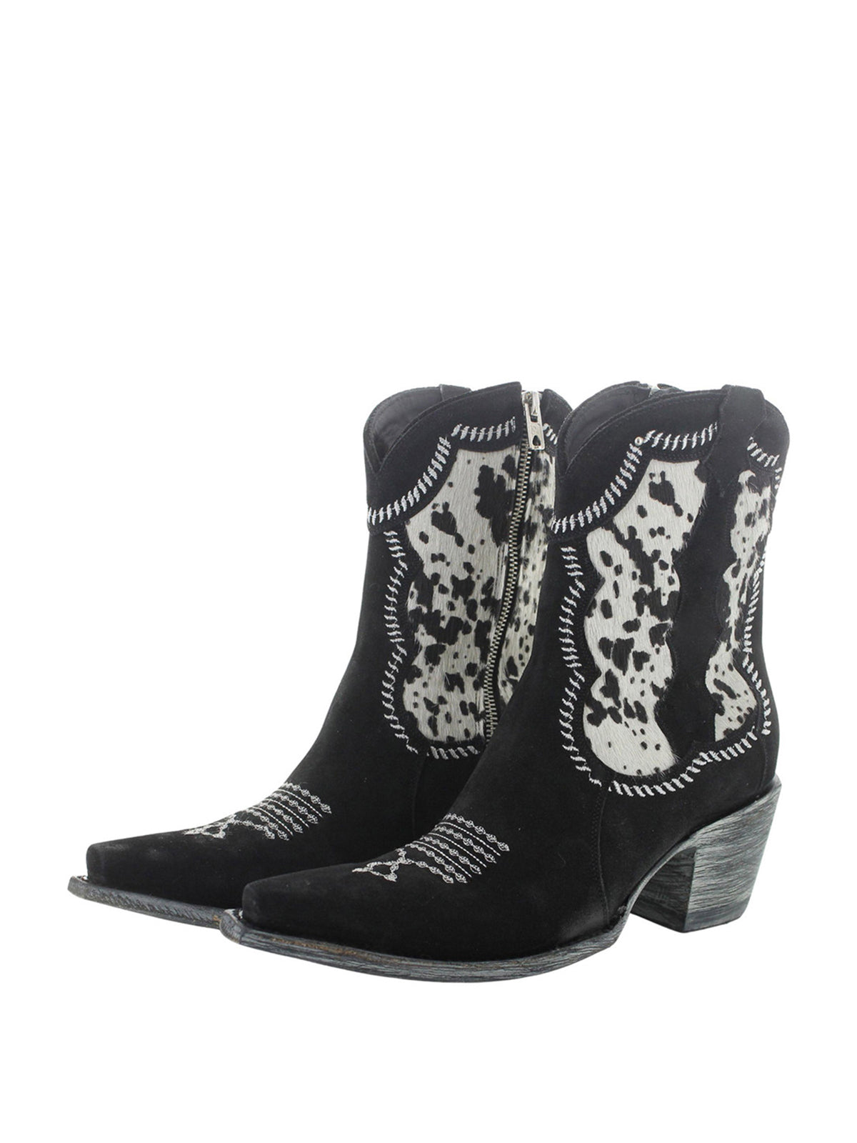 Contrast Black And Cow Print Snip-Toe Full-Zip Ankle Cowgirl Boots