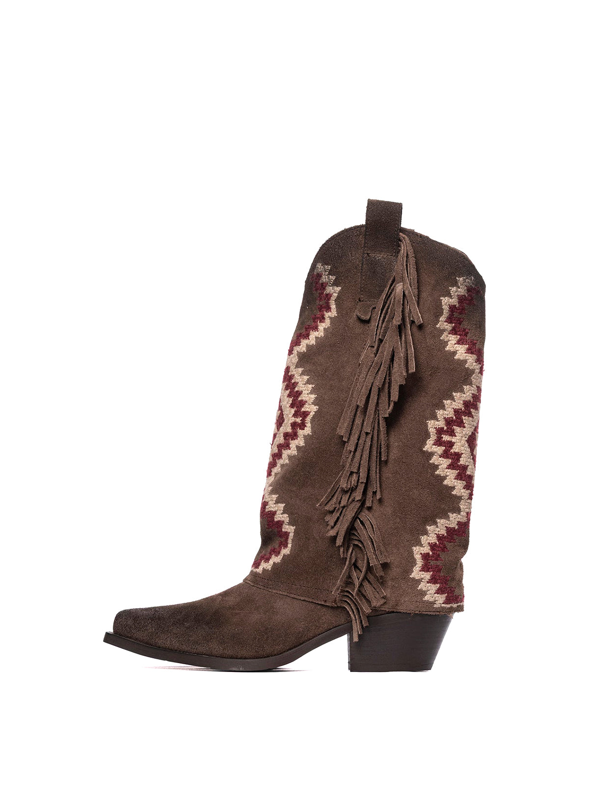 Side Fringe Snip-Toe Embroidery Fold-Over Mid Calf Cowgirl Boots - Coffee Faux Suede