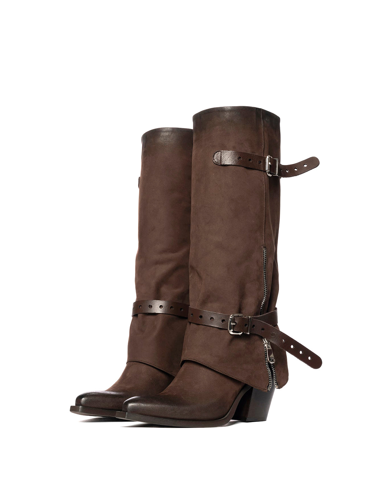 Brown Faux Suede Snip-Toe Bottom Zipper Fold-Over Buckle Knee High Cowgirl Boots