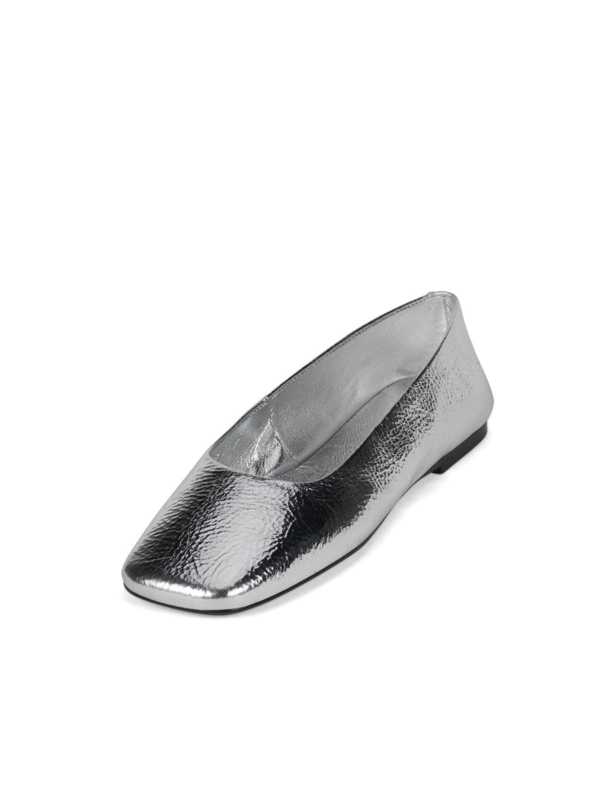 Crinkle Metallic Silver Square-Toe Ballet Flats