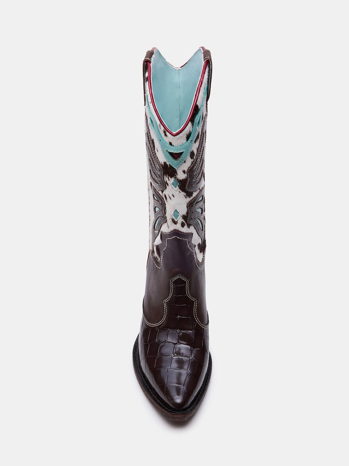 Contrast Tri-Color Crocodile And Cow Print Pointed-Toe Butterfly Inlay Mid Calf Cowgirl Boots