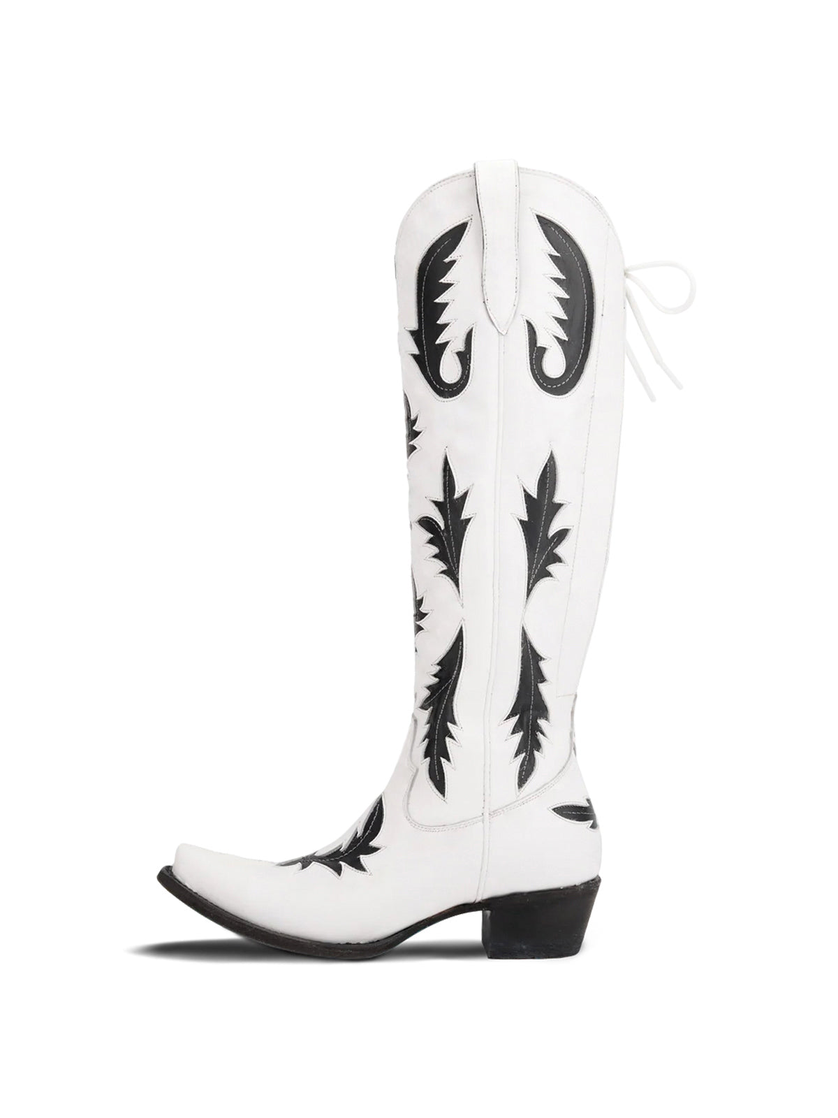 Half-Zip Snip-Toe Embroidery And Inlay Back Lace-Up Knee High Cowgirl Boots - White