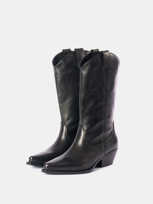 Black Classic Snip-Toe Simple Half-Zip Mid Calf Cowgirl Boots