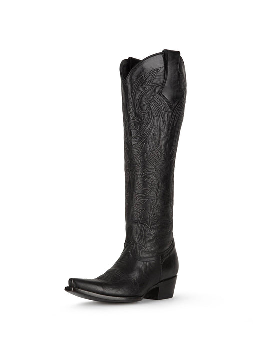 Black Snip-Toe Classic Embroidery Western Half-Zip Knee High Cowgirl Boots