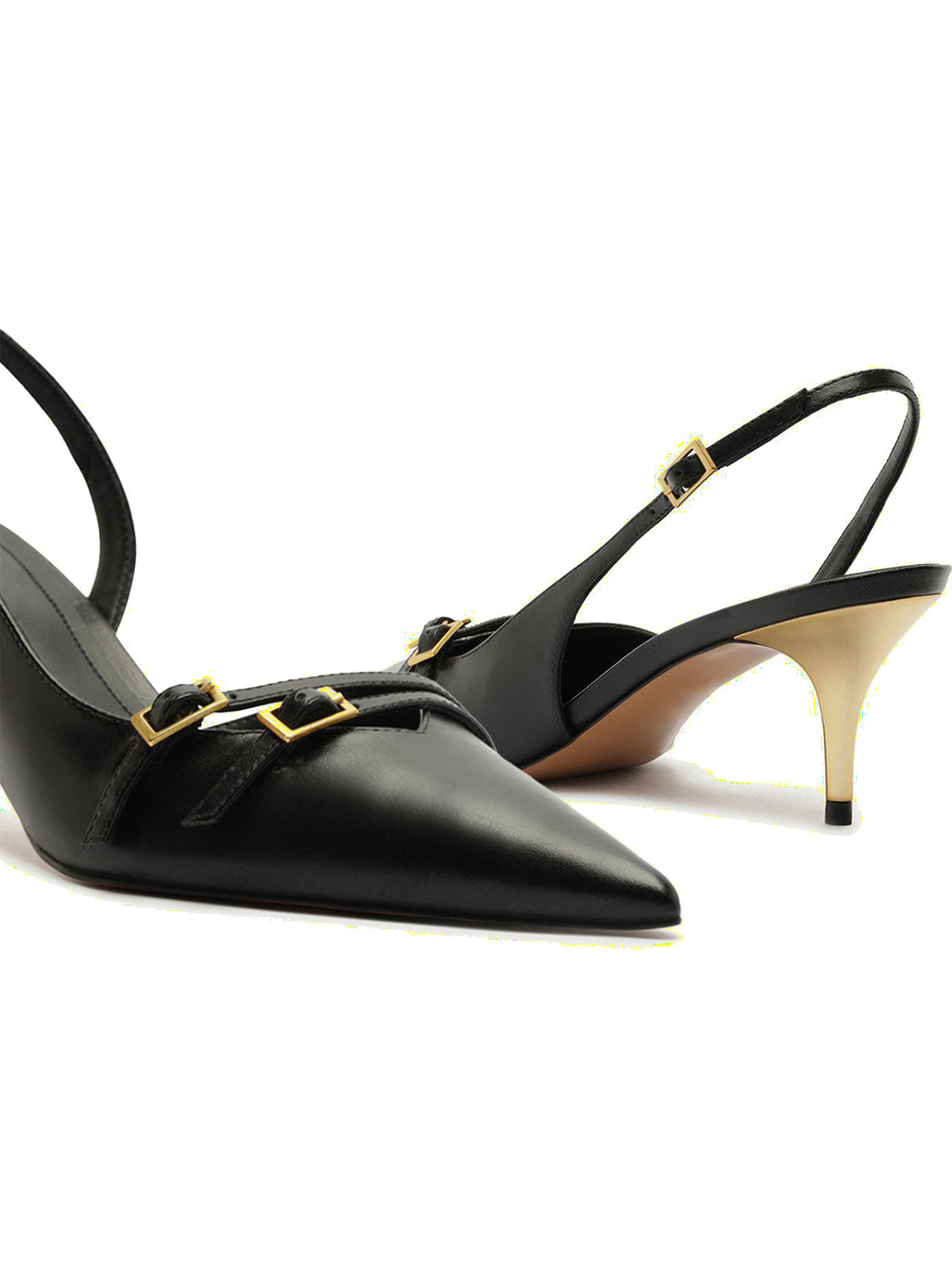 Black Pointed-Toe Front Double Buckle Straps Buckle Slingback Kitten Heels