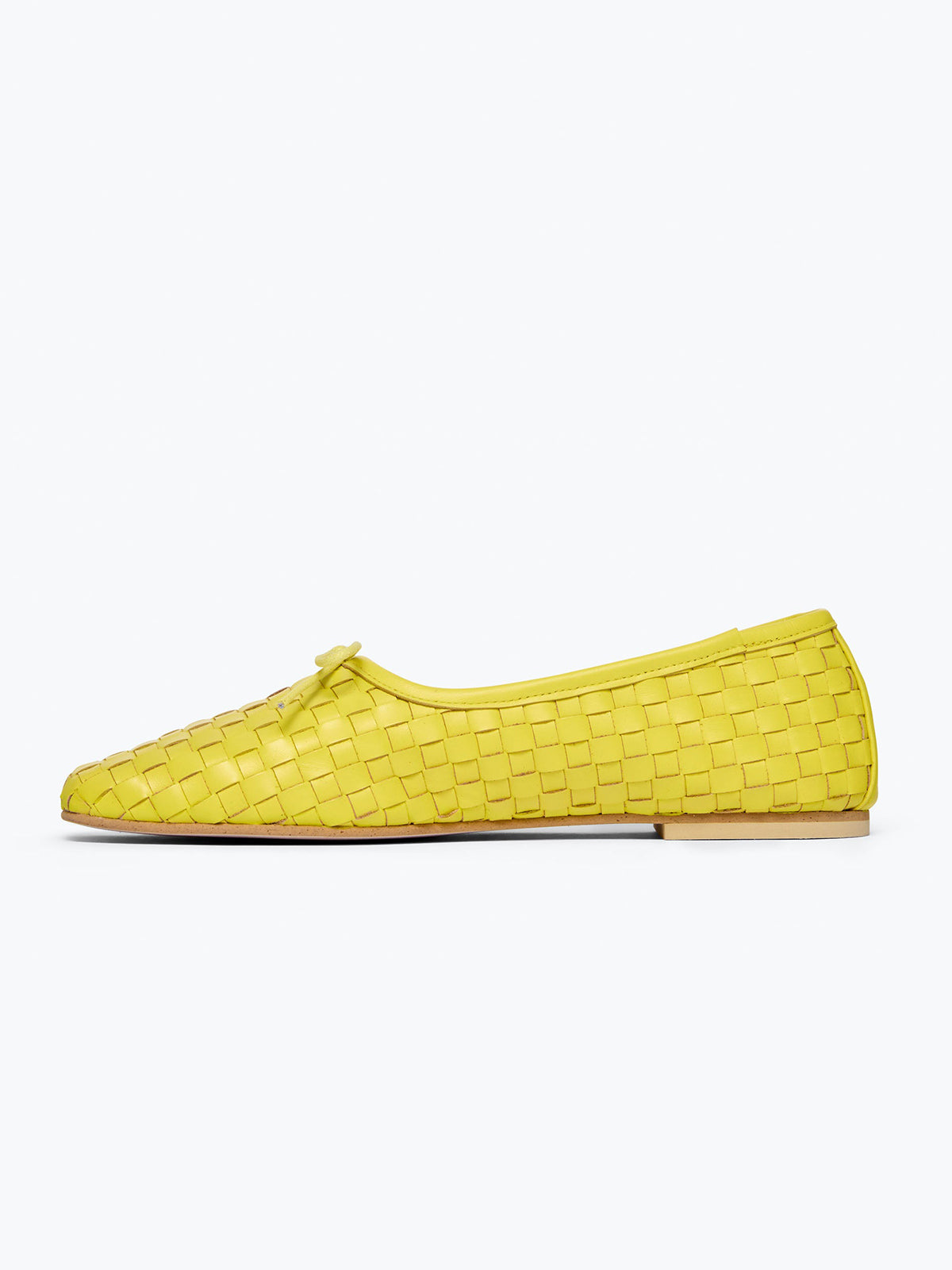 Woven Vegan Leather Square-Toe Front Bow Slip-On Ballet Flats - Yellow