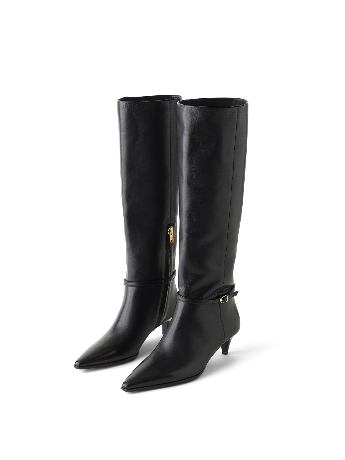 True Black Pointed-Toe Half-zip Simple Knee High Boots