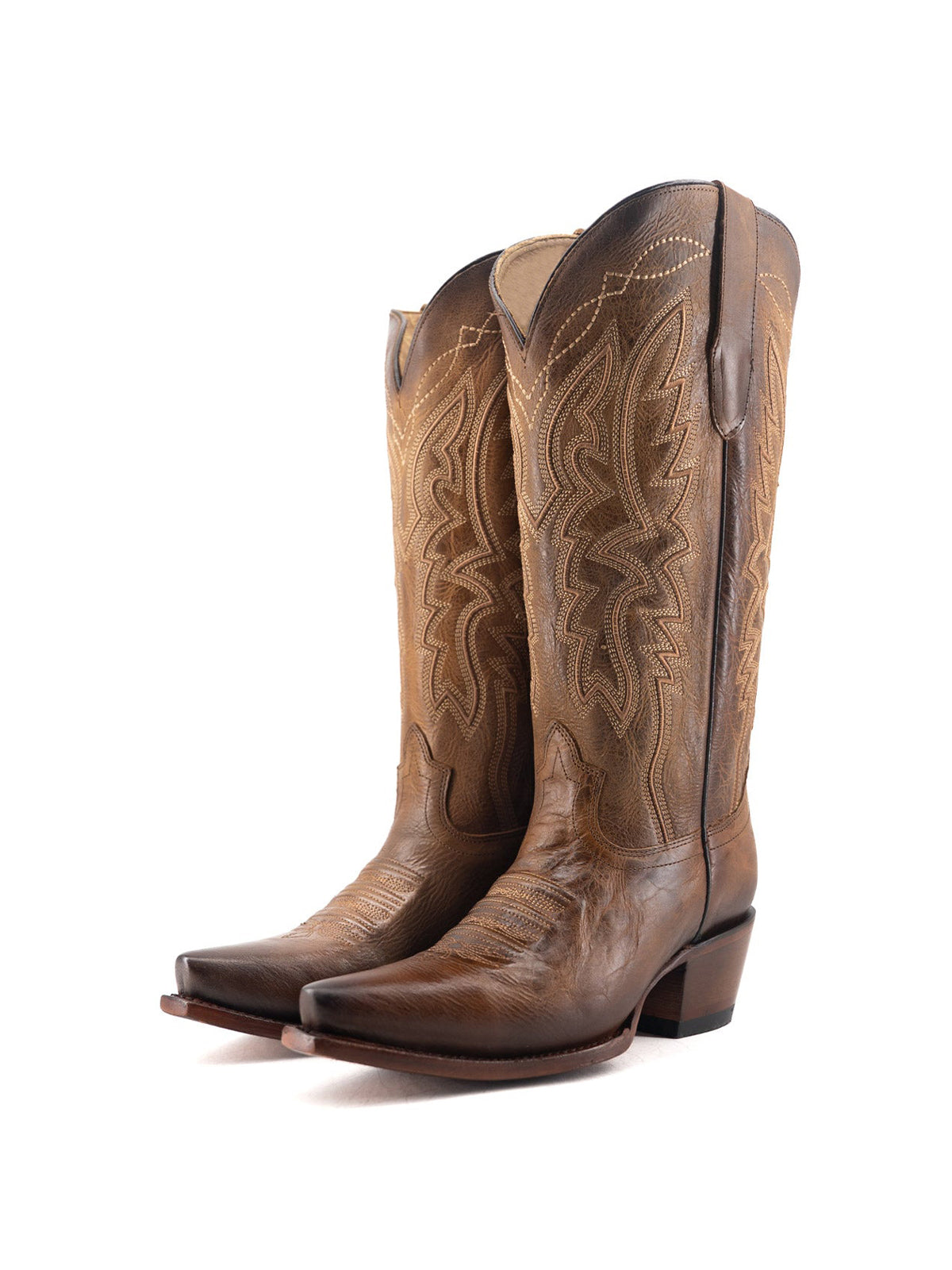 Western Snip-Toe Embroidery Half-Zip Mid Calf Cowgirl Boots - Dark Tan