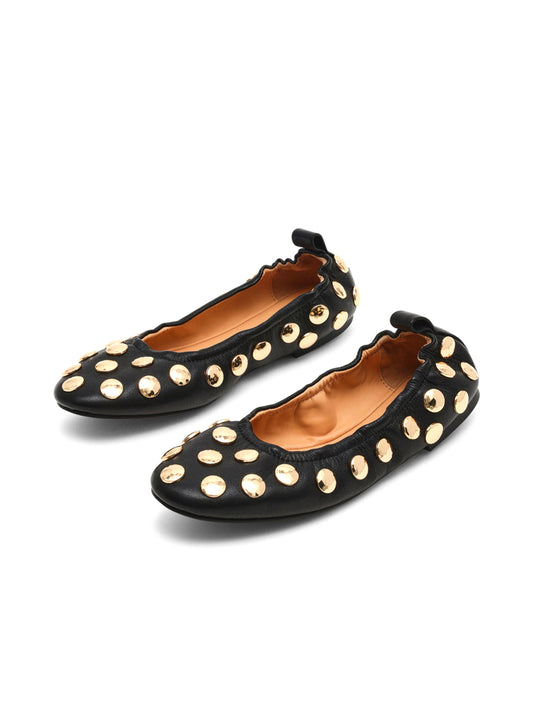 Black Round-Toe Gold Studded Slip-On Ballet Flats