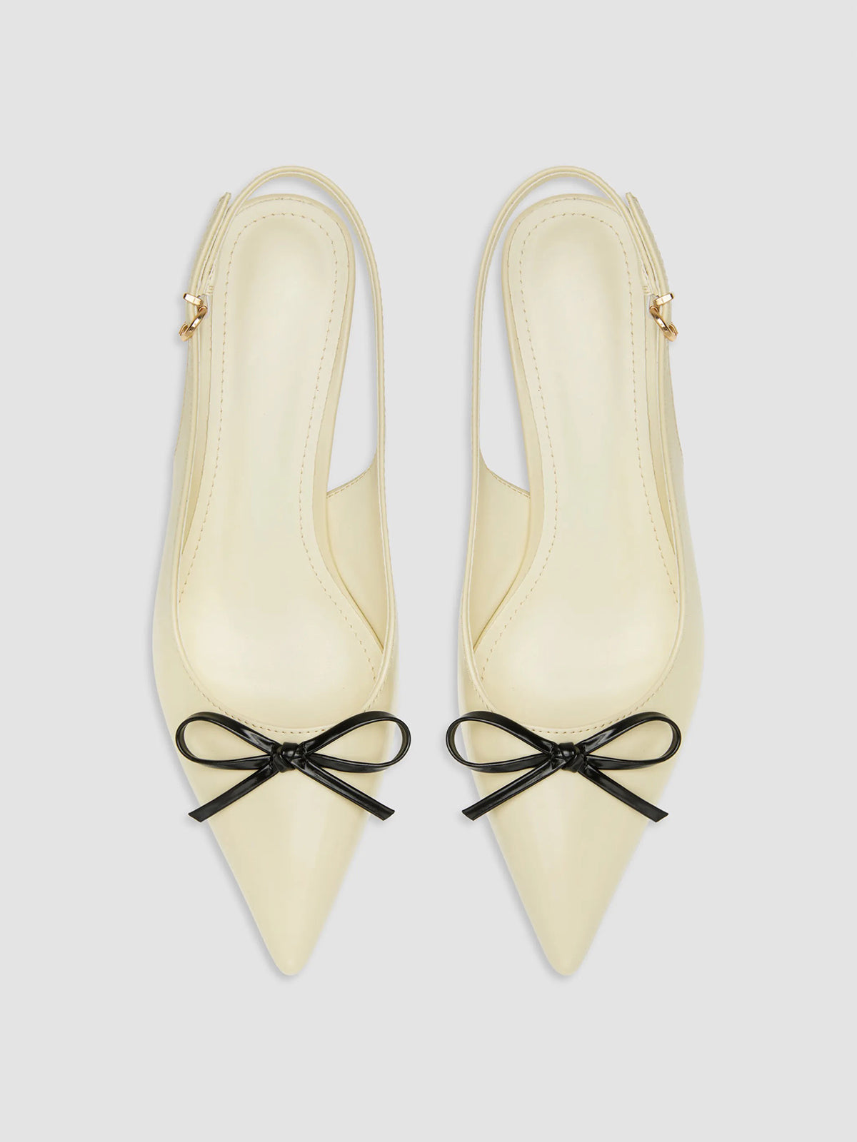 Light Yellow Pointed-Toe Front Bow Buckle Back Strap Kitten Heels