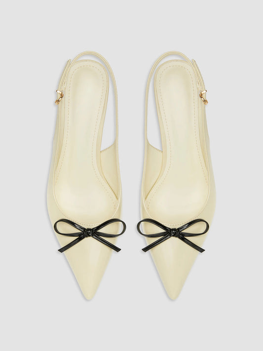 Light Yellow Pointed-Toe Front Bow Buckle Back Strap Kitten Heels