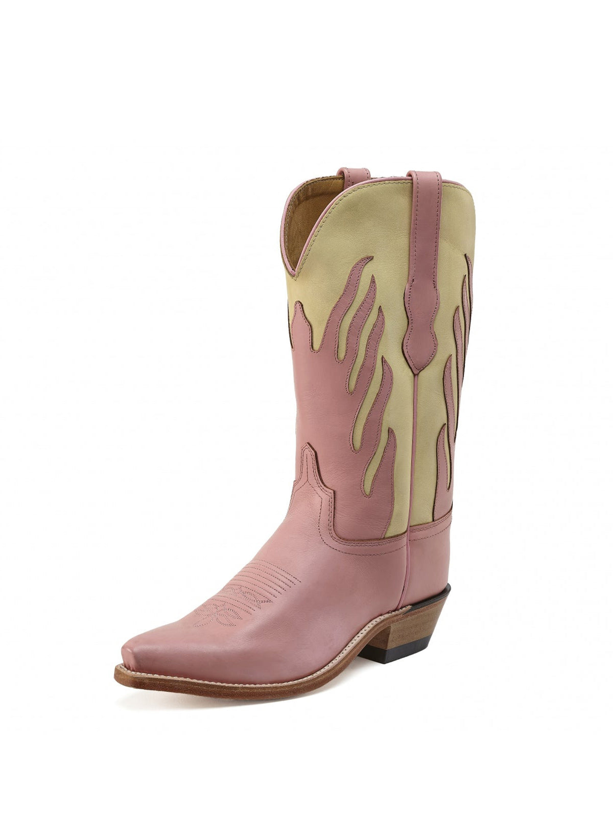 Pink And Beige Snip-Toe Flame Embroidery Mid Calf Cowgirl Boots