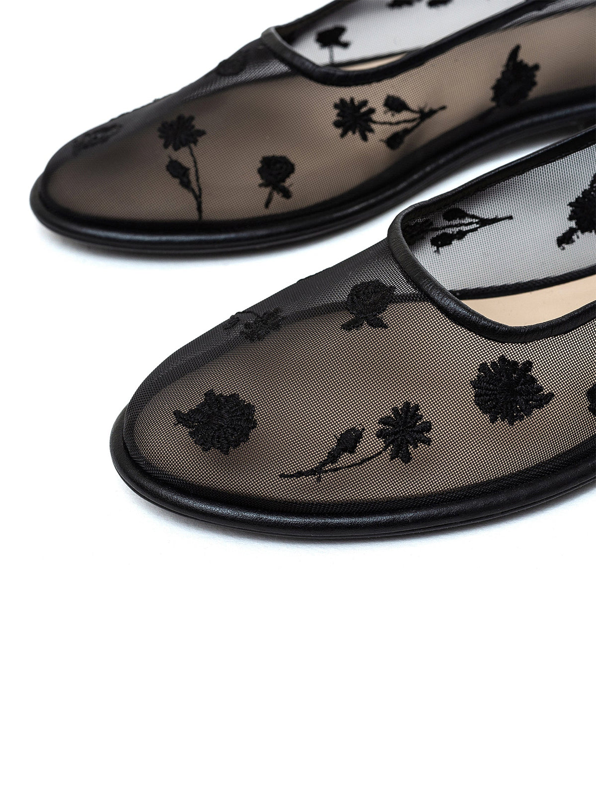 Black Mesh Round-Toe Wildflowers Embroidery Mary Jane Ballet Flats