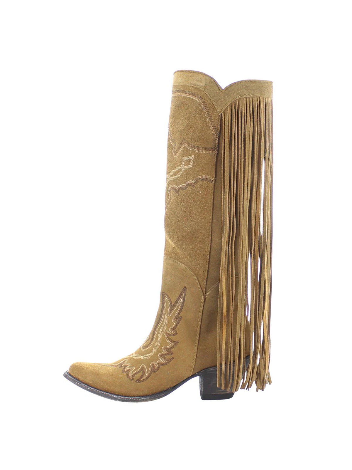 Almond-Toe Faux Suede Fringe Full-Zip Embroidery Knee High Cowgirl Boots - Tan