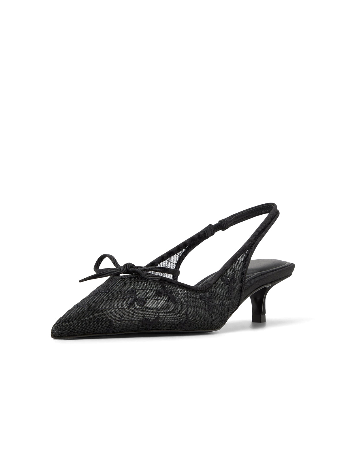 Black Mesh Pointed-Toe Front Bow And Bow Embroidery Slingback Kitten Heels