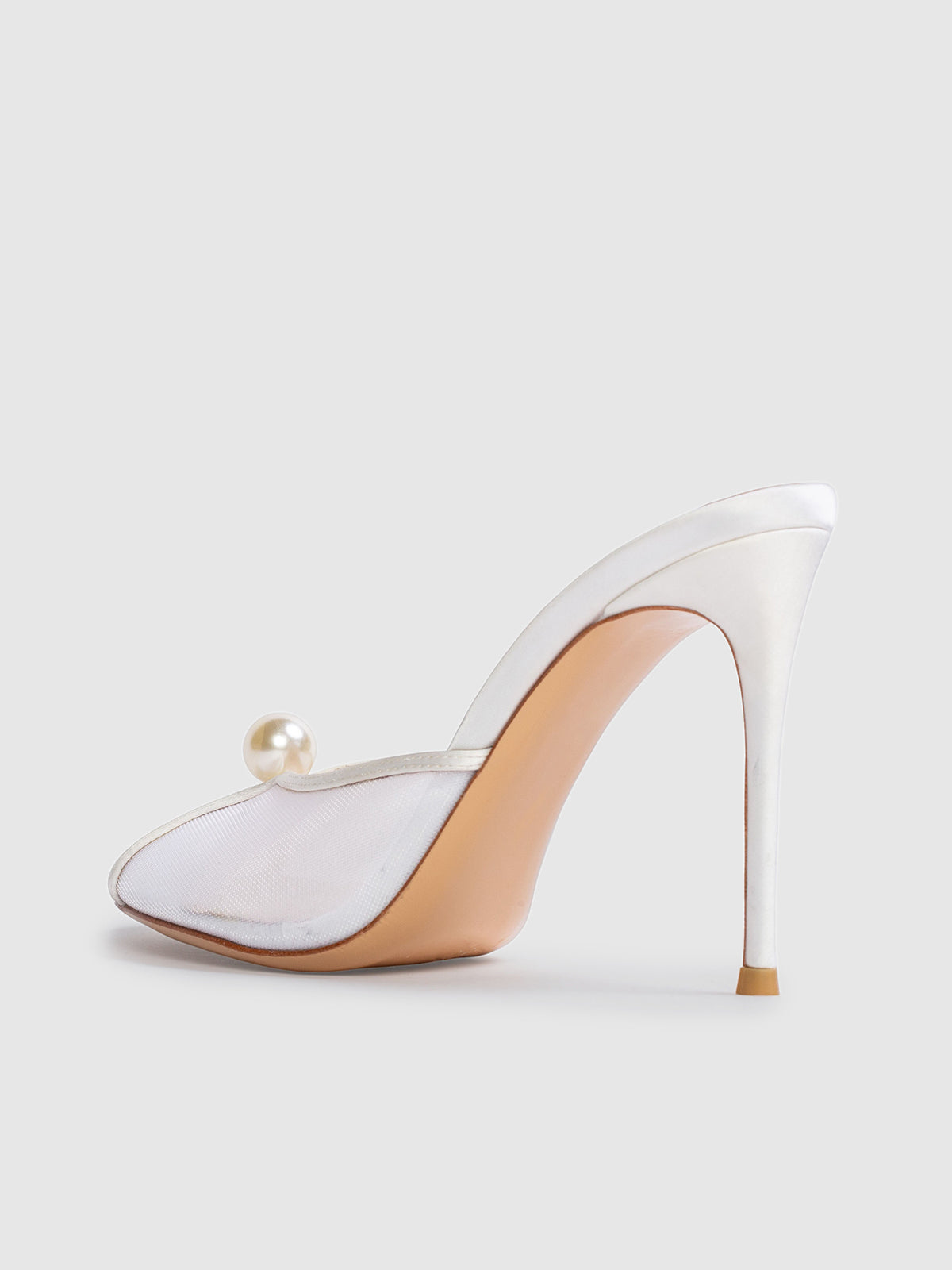 White Mesh Round-Toe Front Pearl High Heels