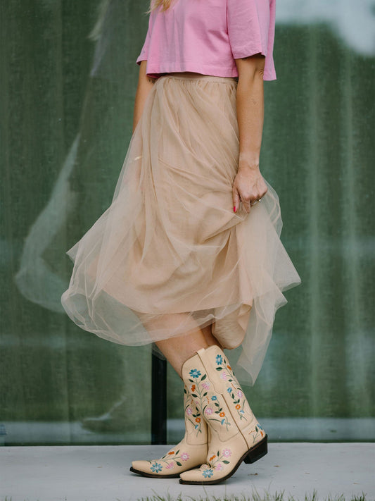 Yellow Floral Embroidery Snip-Toe Wide Mid Calf Cowgirl Boots